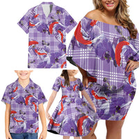 Lavender Palaka Hawaii Aloha Family Matching Off Shoulder Short Dress and Hawaiian Shirt Koi Pond Mix Orchids LT7 - Polynesian Pride