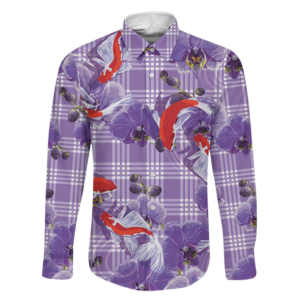 Lavender Palaka Hawaii Aloha Family Matching Off Shoulder Short Dress and Hawaiian Shirt Koi Pond Mix Orchids LT7 Dad's Shirt - Long Sleeve Purple - Polynesian Pride