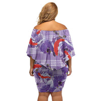 Lavender Palaka Hawaii Aloha Family Matching Off Shoulder Short Dress and Hawaiian Shirt Koi Pond Mix Orchids LT7 - Polynesian Pride
