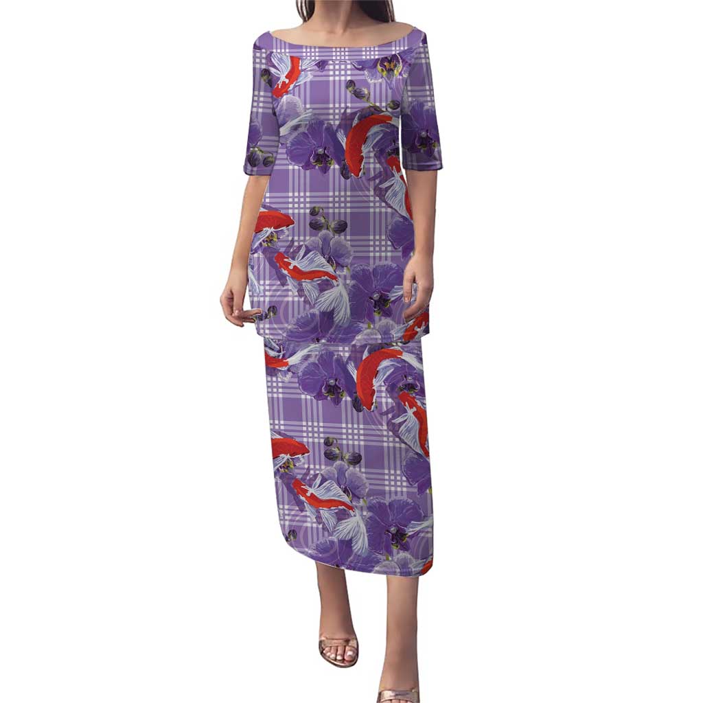 Lavender Palaka Hawaii Aloha Family Matching Puletasi and Hawaiian Shirt Koi Pond Mix Orchids LT7 Purple - Polynesian Pride