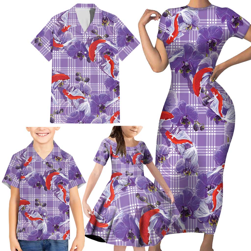 Lavender Palaka Hawaii Aloha Family Matching Short Sleeve Bodycon Dress and Hawaiian Shirt Koi Pond Mix Orchids LT7 - Polynesian Pride