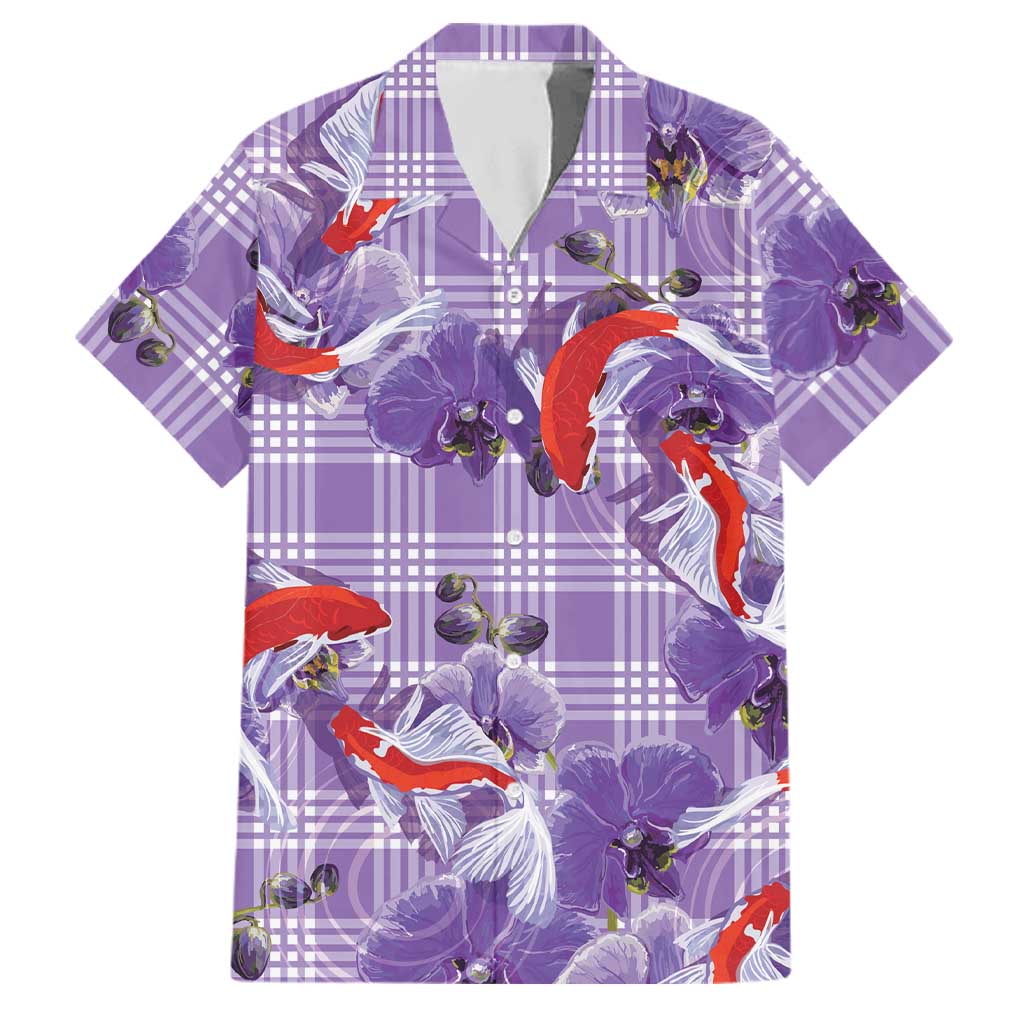 Lavender Palaka Hawaii Aloha Family Matching Short Sleeve Bodycon Dress and Hawaiian Shirt Koi Pond Mix Orchids LT7 Dad's Shirt - Short Sleeve Purple - Polynesian Pride