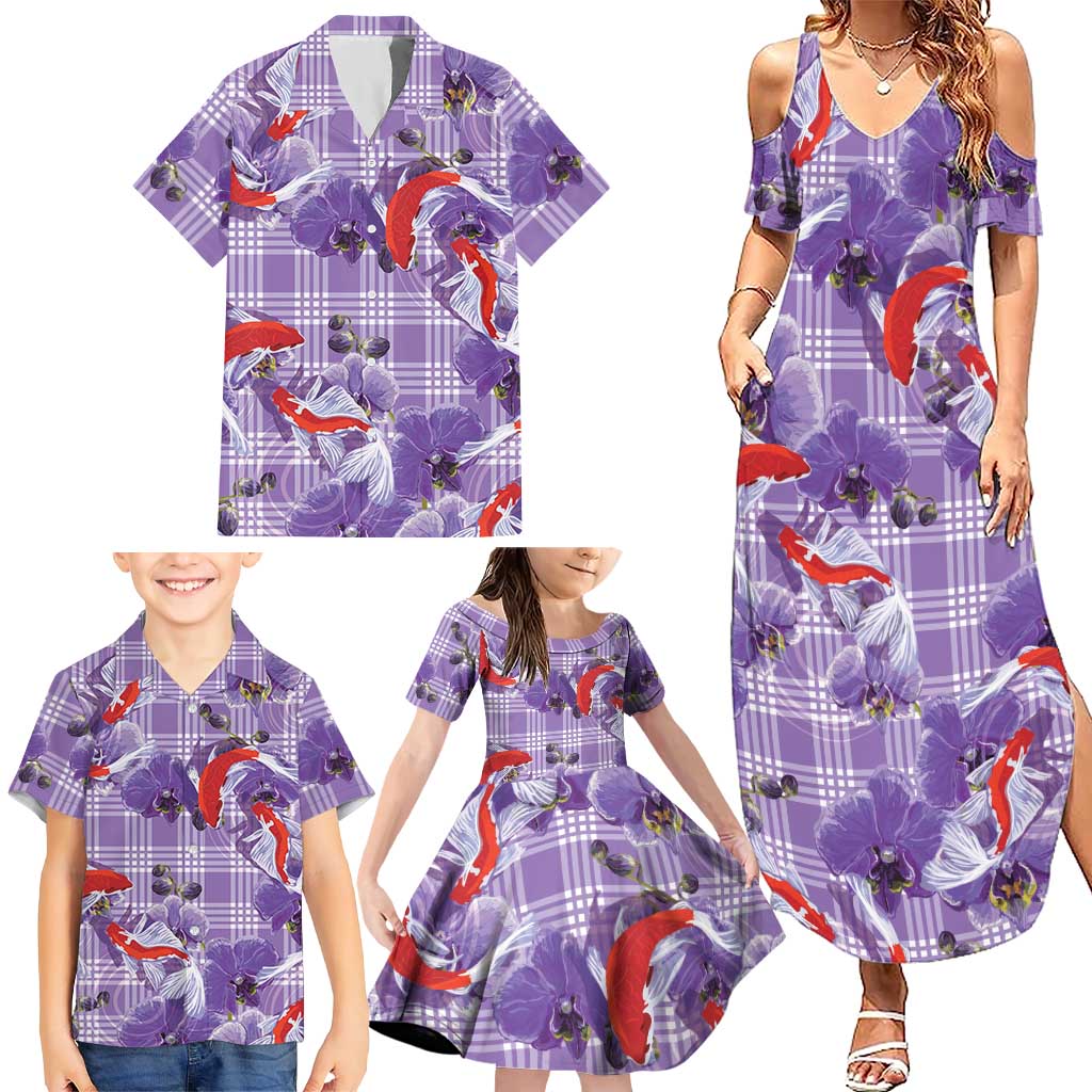 Lavender Palaka Hawaii Aloha Family Matching Summer Maxi Dress and Hawaiian Shirt Koi Pond Mix Orchids LT7 - Polynesian Pride
