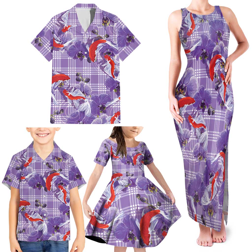Lavender Palaka Hawaii Aloha Family Matching Tank Maxi Dress and Hawaiian Shirt Koi Pond Mix Orchids LT7 - Polynesian Pride