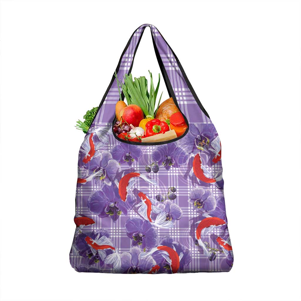 Lavender Palaka Hawaii Aloha Grocery Bag Koi Pond Mix Orchids LT7 1-pack One Size Purple - Polynesian Pride