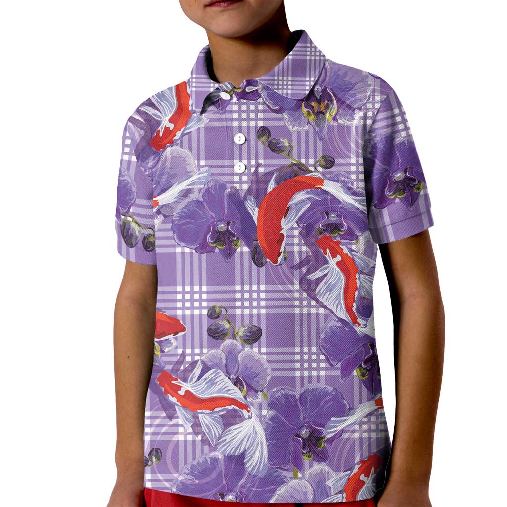 Lavender Palaka Hawaii Aloha Kid Polo Shirt Koi Pond Mix Orchids LT7 Kid Purple - Polynesian Pride