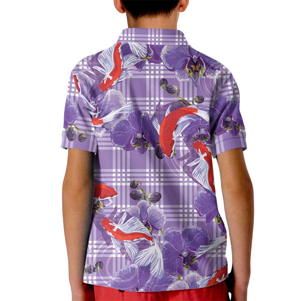 Lavender Palaka Hawaii Aloha Kid Polo Shirt Koi Pond Mix Orchids LT7 - Polynesian Pride