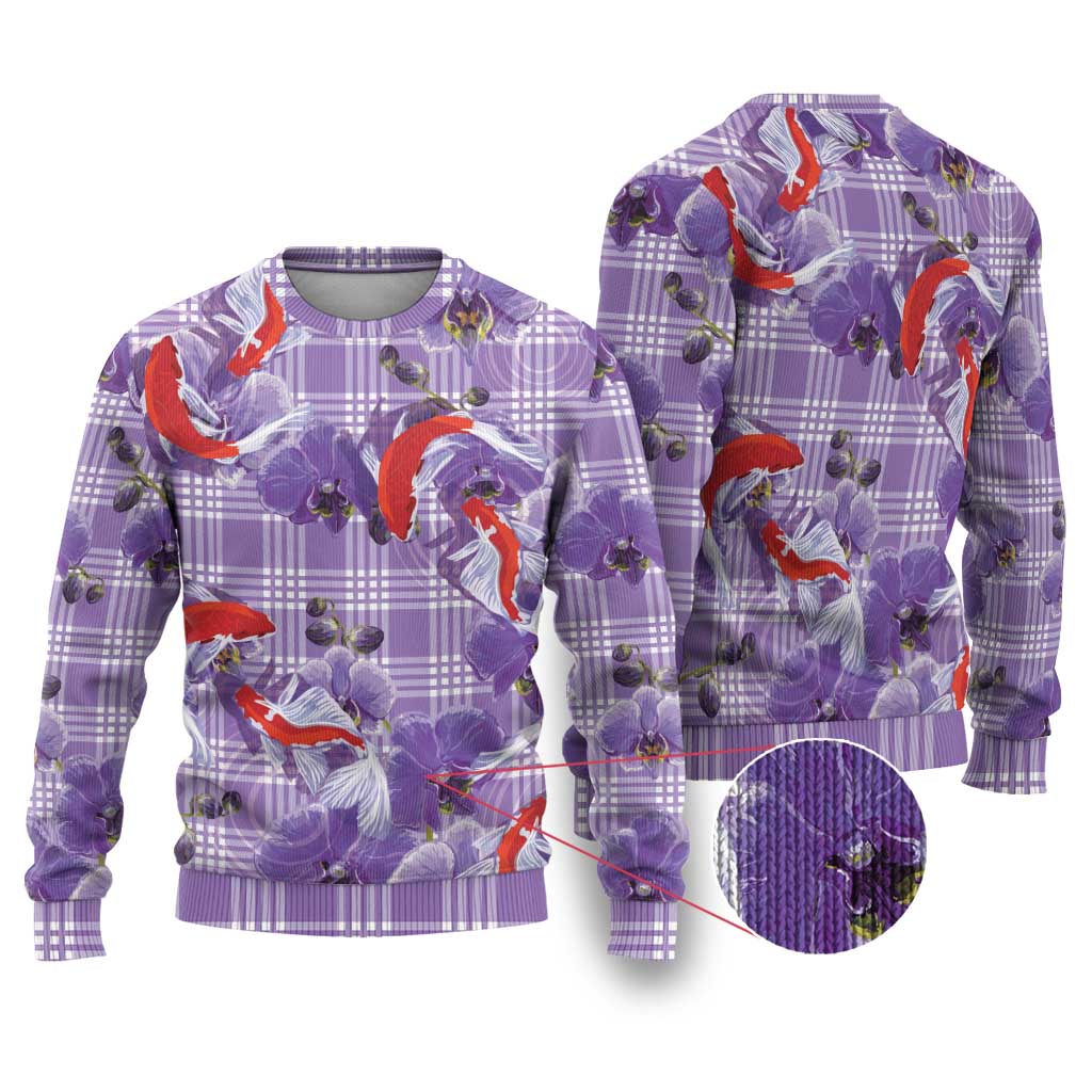 Lavender Palaka Hawaii Aloha Ugly Christmas Sweater Koi Pond Mix Orchids - Polynesian Pride