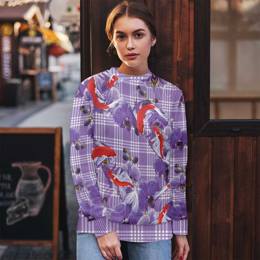 Lavender Palaka Hawaii Aloha Ugly Christmas Sweater Koi Pond Mix Orchids - Polynesian Pride