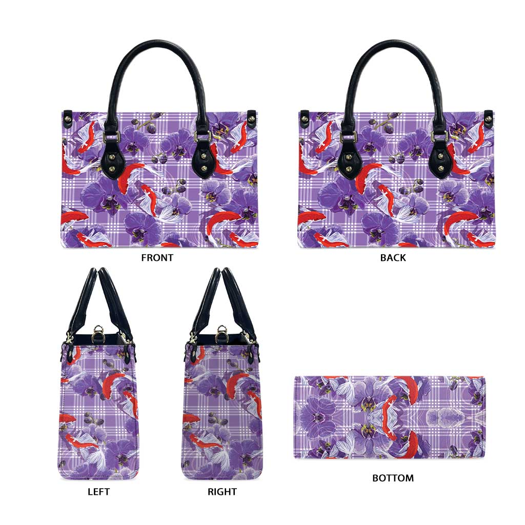 Lavender Palaka Hawaii Aloha Leather Bag Koi Pond Mix Orchids - Polynesian Pride
