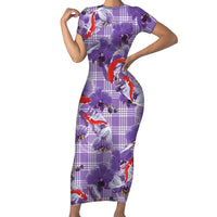 Lavender Palaka Hawaii Aloha Short Sleeve Bodycon Dress Koi Pond Mix Orchids - Polynesian Pride