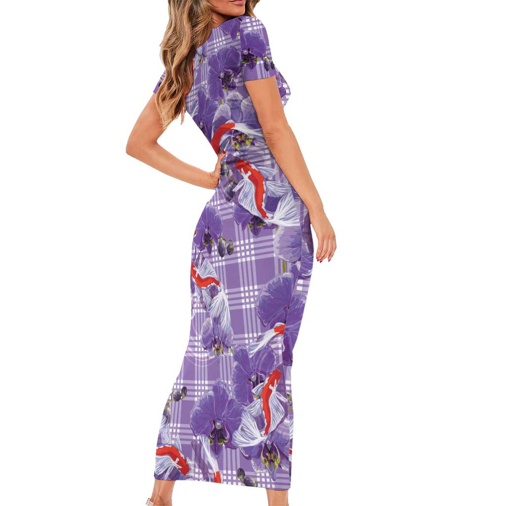Lavender Palaka Hawaii Aloha Short Sleeve Bodycon Dress Koi Pond Mix Orchids - Polynesian Pride
