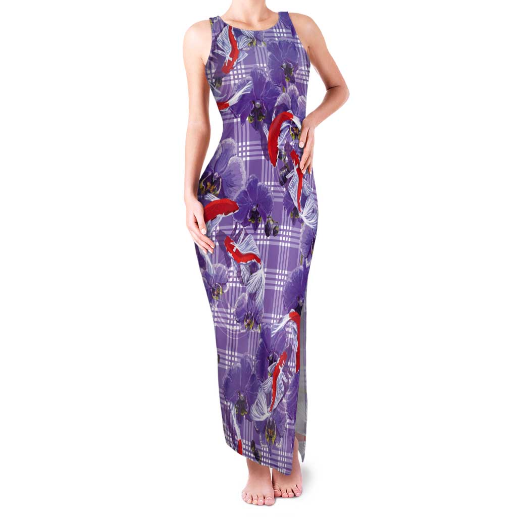 Lavender Palaka Hawaii Aloha Tank Maxi Dress Koi Pond Mix Orchids LT7 Women Purple - Polynesian Pride