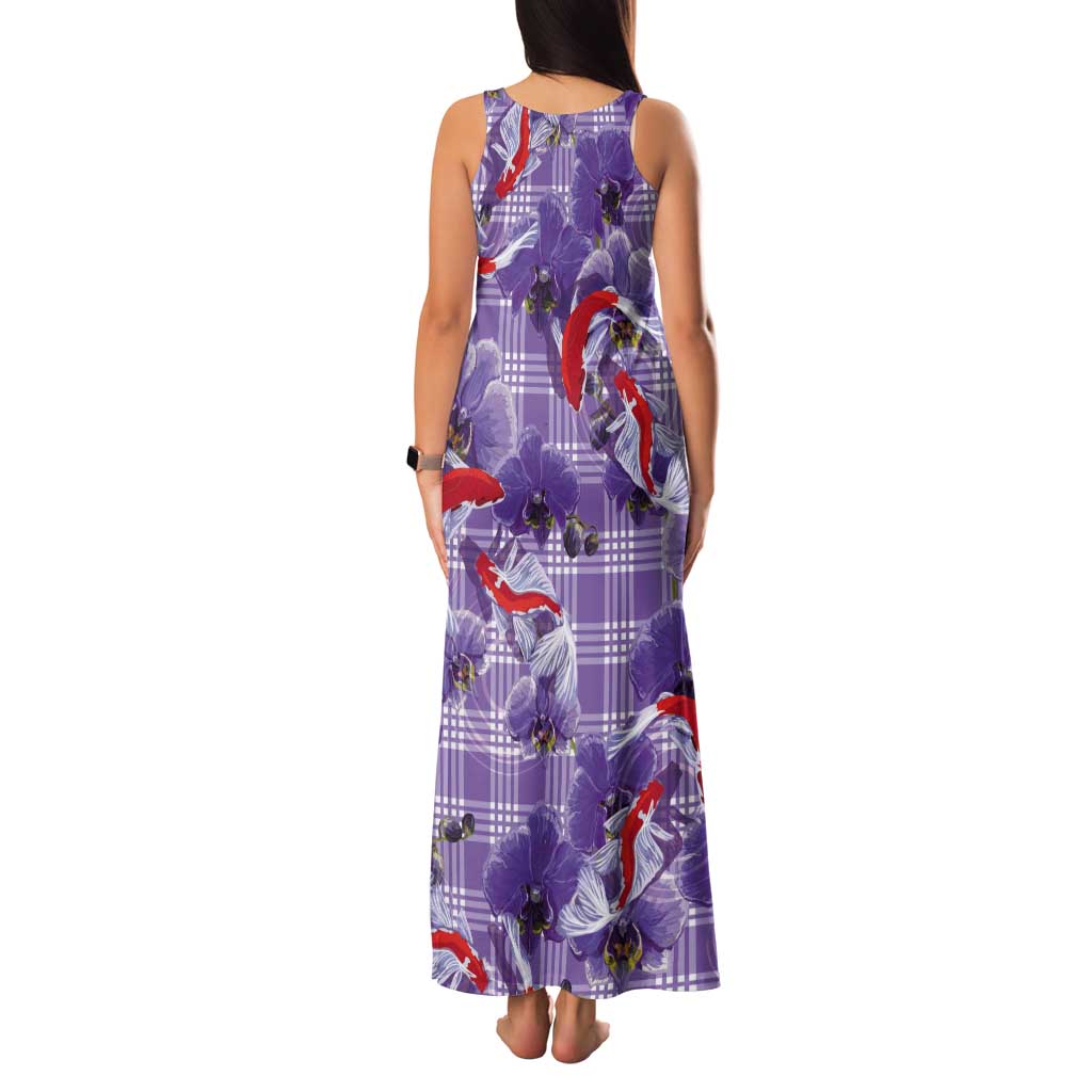 Lavender Palaka Hawaii Aloha Tank Maxi Dress Koi Pond Mix Orchids LT7 - Polynesian Pride