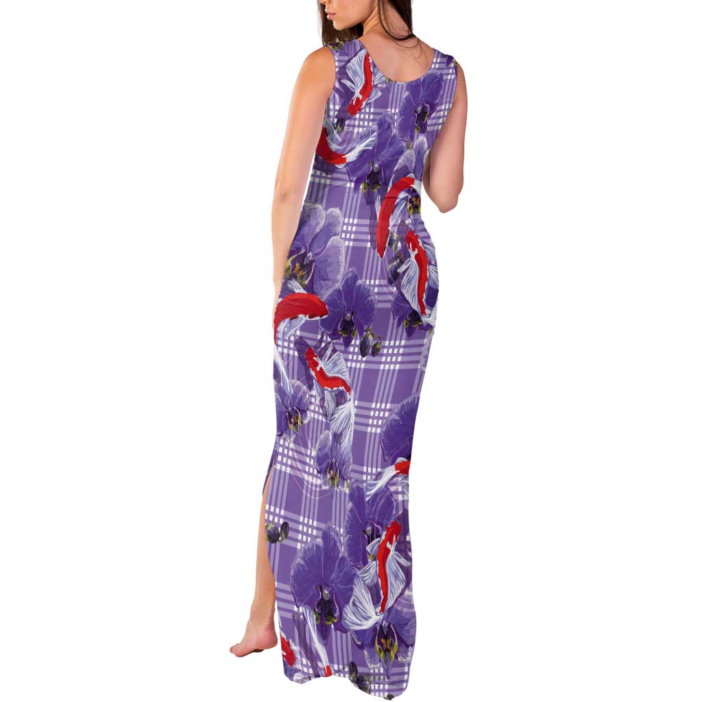 Lavender Palaka Hawaii Aloha Tank Maxi Dress Koi Pond Mix Orchids LT7 - Polynesian Pride