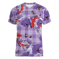 Lavender Palaka Hawaii Aloha Women V-Neck T-Shirt Koi Pond Mix Orchids - Polynesian Pride