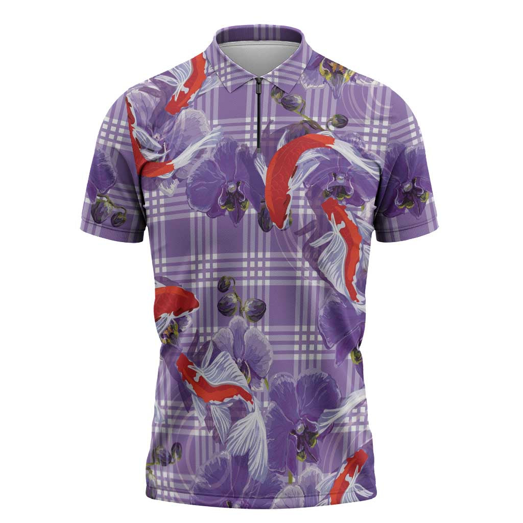 Lavender Palaka Hawaii Aloha Zipper Polo Shirt Koi Pond Mix Orchids - Polynesian Pride