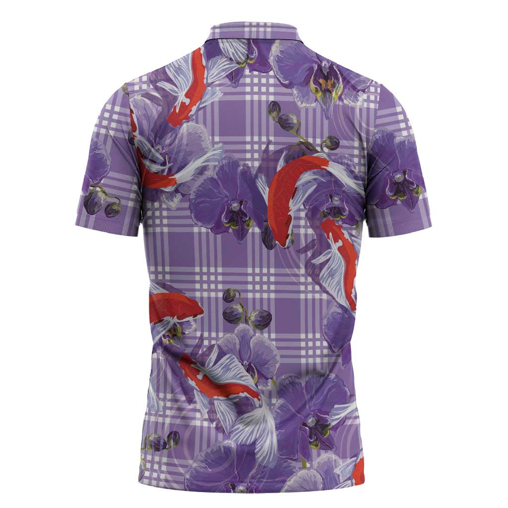 Lavender Palaka Hawaii Aloha Zipper Polo Shirt Koi Pond Mix Orchids - Polynesian Pride