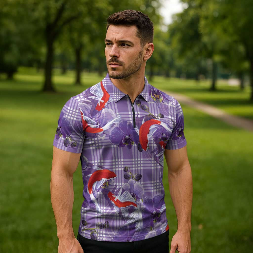 Lavender Palaka Hawaii Aloha Zipper Polo Shirt Koi Pond Mix Orchids - Polynesian Pride