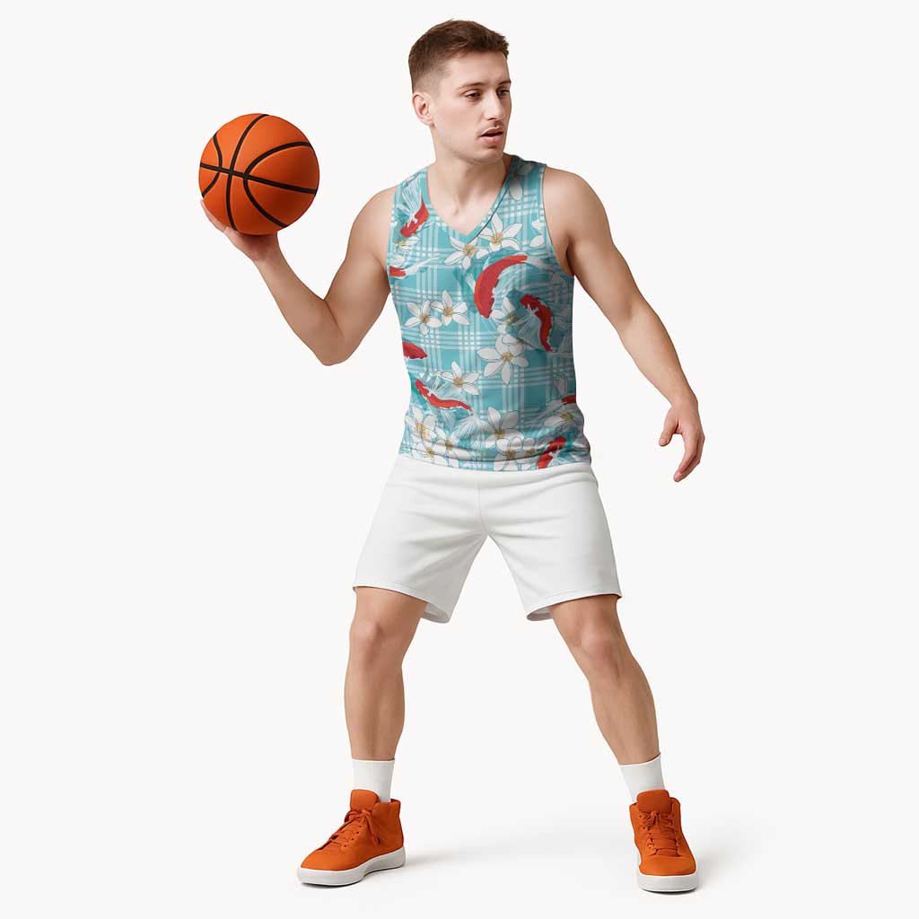 Turquoise Palaka Hawaii Aloha Basketball Jersey Koi Pond Mix Plumeria - Polynesian Pride