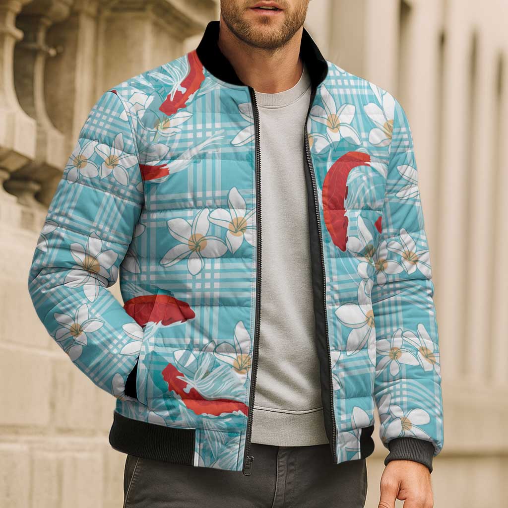 Turquoise Palaka Hawaii Aloha Bomber Puffer Jacket Koi Pond Mix Plumeria - Polynesian Pride