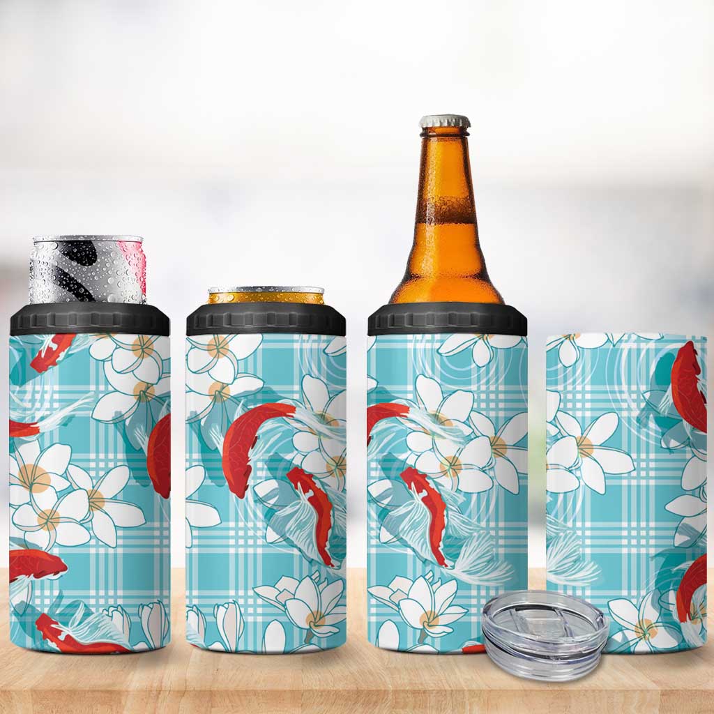 Turquoise Palaka Hawaii Aloha 4 in 1 Can Cooler Tumbler Koi Pond Mix Plumeria LT7 - Polynesian Pride