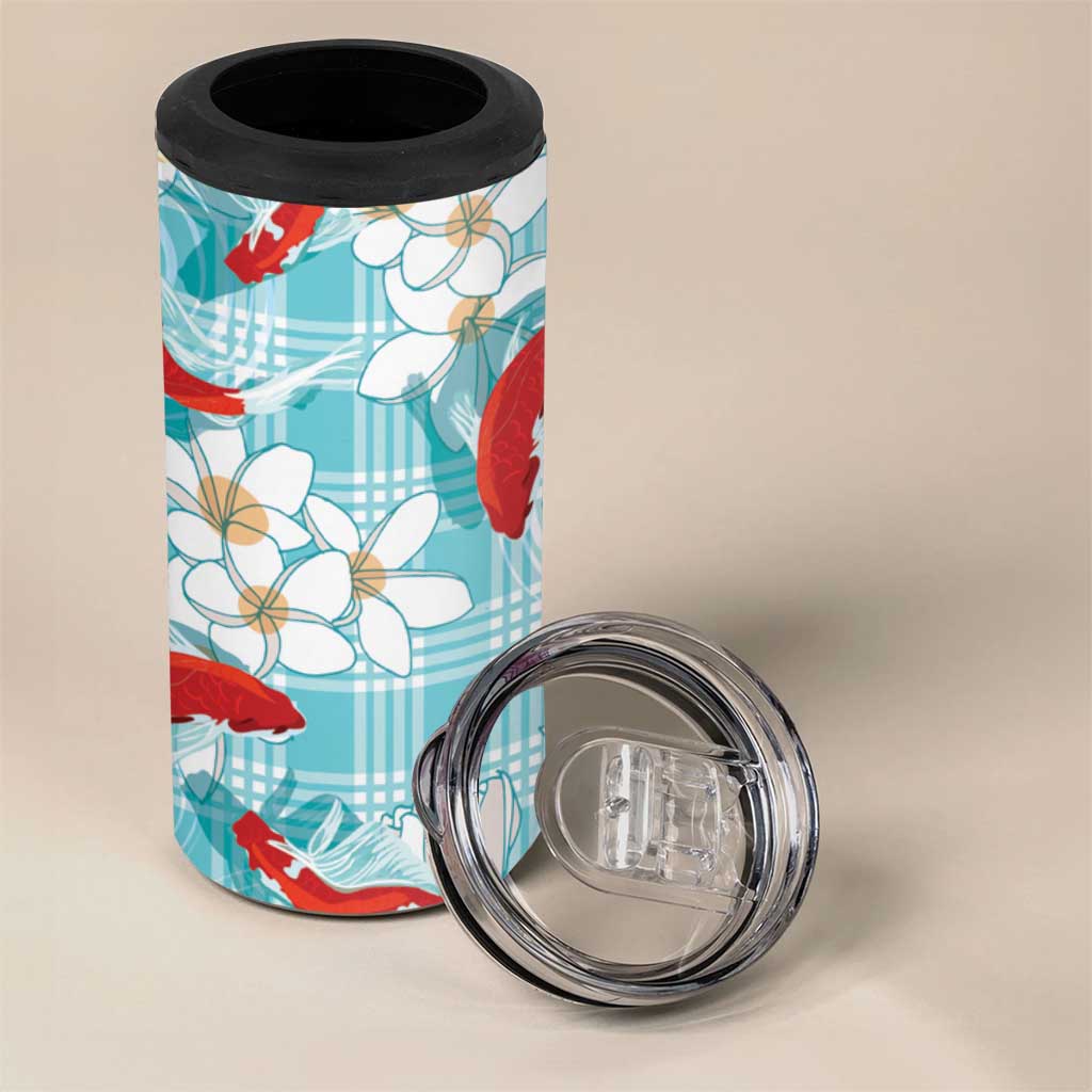 Turquoise Palaka Hawaii Aloha 4 in 1 Can Cooler Tumbler Koi Pond Mix Plumeria LT7 - Polynesian Pride