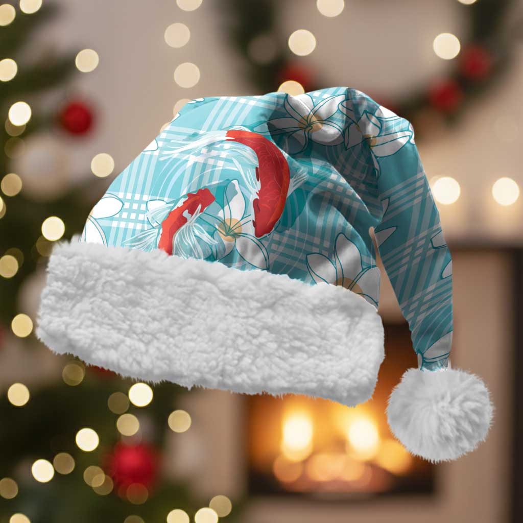 Turquoise Palaka Hawaii Aloha Christmas Santa Hat Koi Pond Mix Plumeria LT7 With Fur Turquoise - Polynesian Pride