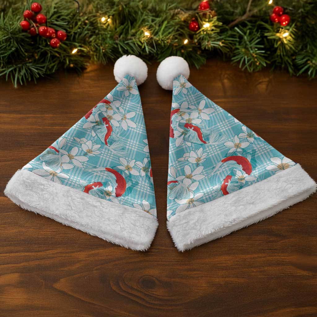 Turquoise Palaka Hawaii Aloha Christmas Santa Hat Koi Pond Mix Plumeria LT7 - Polynesian Pride