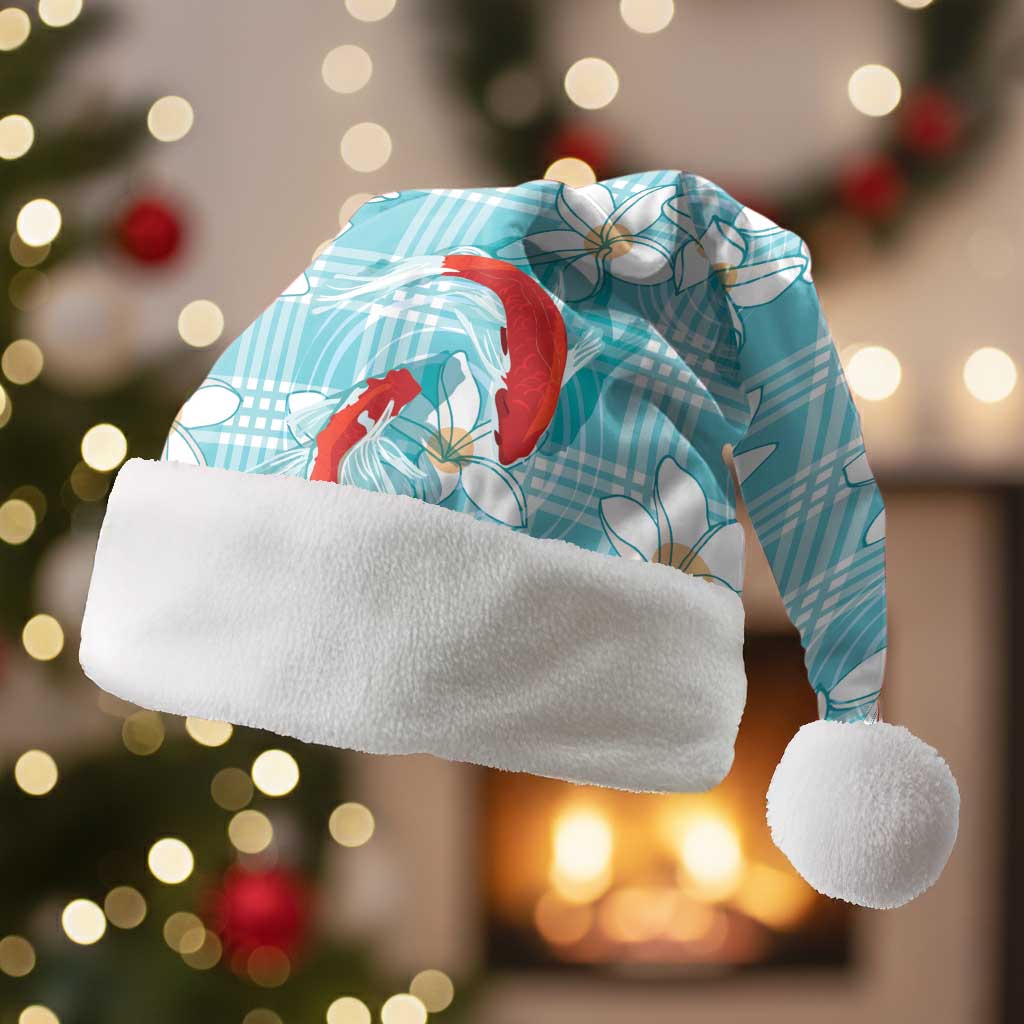 Turquoise Palaka Hawaii Aloha Christmas Santa Hat Koi Pond Mix Plumeria LT7 Without Fur Turquoise - Polynesian Pride
