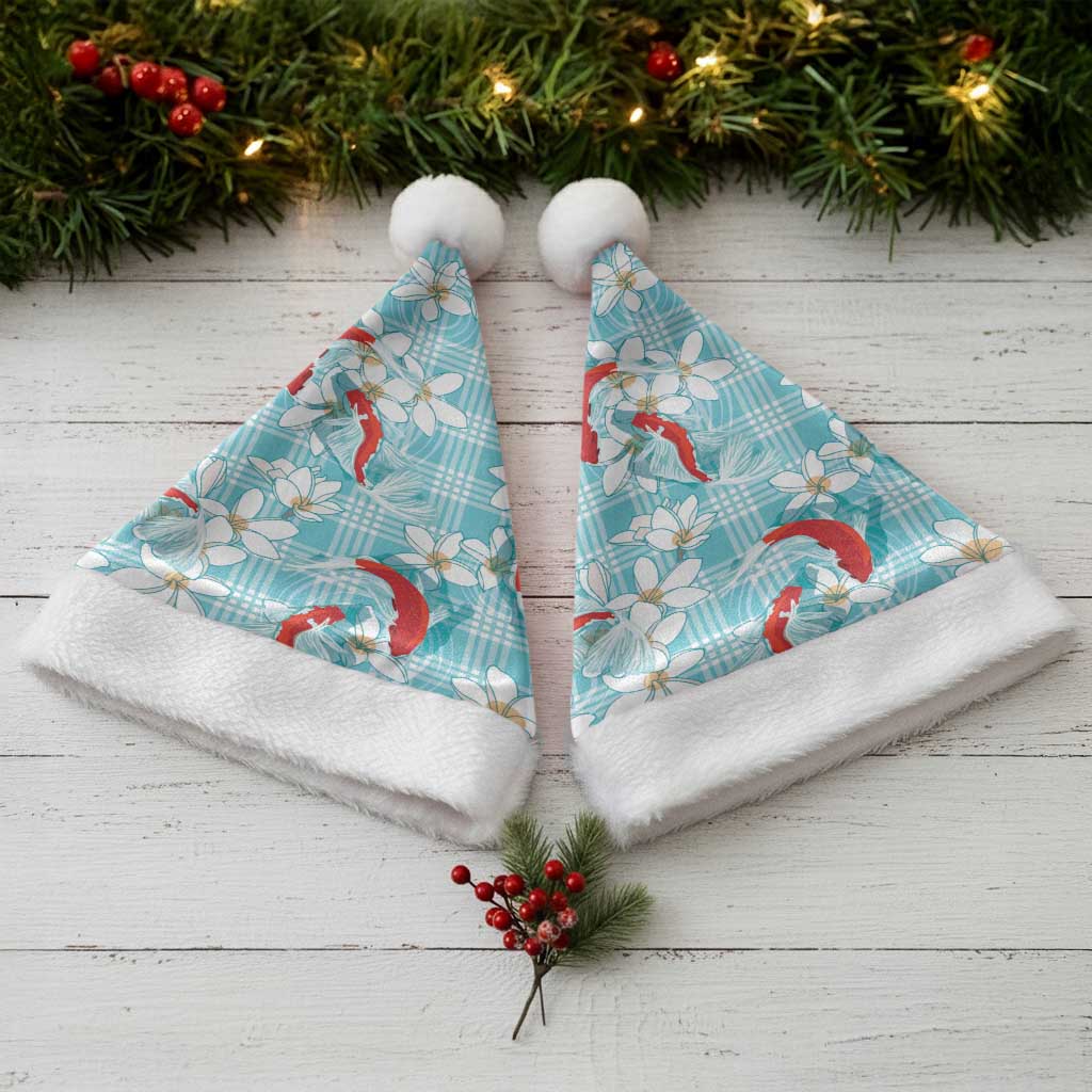 Turquoise Palaka Hawaii Aloha Christmas Santa Hat Koi Pond Mix Plumeria LT7 - Polynesian Pride