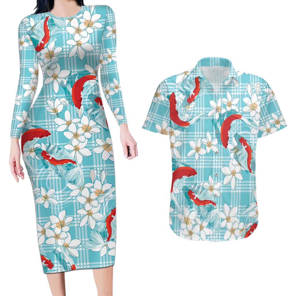 Turquoise Palaka Hawaii Aloha Couples Matching Long Sleeve Bodycon Dress and Hawaiian Shirt Koi Pond Mix Plumeria LT7 Turquoise - Polynesian Pride