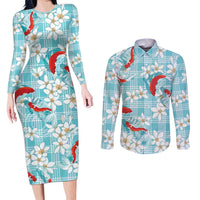 Turquoise Palaka Hawaii Aloha Couples Matching Long Sleeve Bodycon Dress and Long Sleeve Button Shirt Koi Pond Mix Plumeria LT7 Turquoise - Polynesian Pride