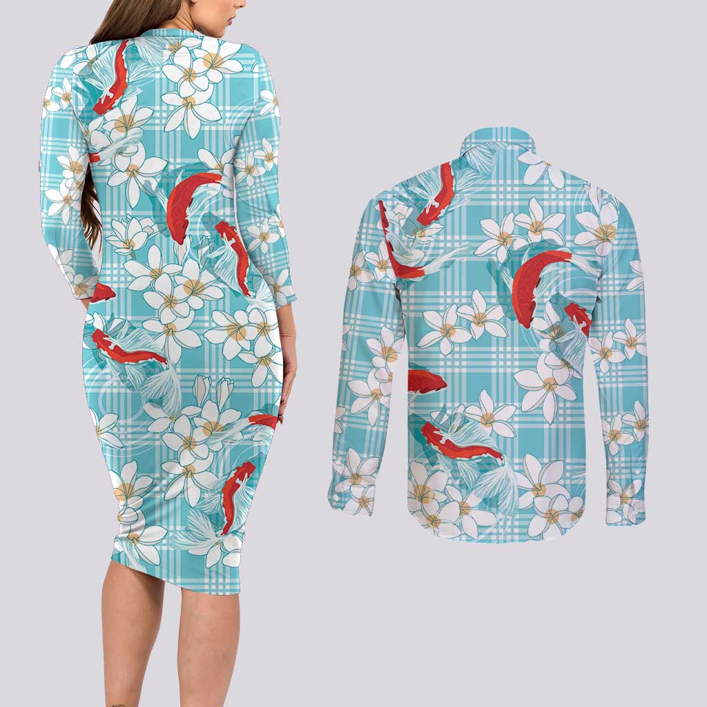 Turquoise Palaka Hawaii Aloha Couples Matching Long Sleeve Bodycon Dress and Long Sleeve Button Shirt Koi Pond Mix Plumeria LT7 - Polynesian Pride
