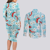 Turquoise Palaka Hawaii Aloha Couples Matching Long Sleeve Bodycon Dress and Long Sleeve Button Shirt Koi Pond Mix Plumeria LT7 - Polynesian Pride