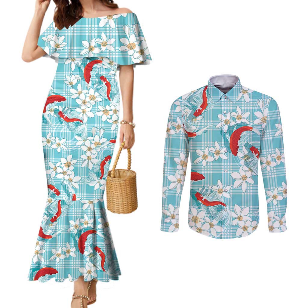 Turquoise Palaka Hawaii Aloha Couples Matching Mermaid Dress and Long Sleeve Button Shirt Koi Pond Mix Plumeria LT7 Turquoise - Polynesian Pride