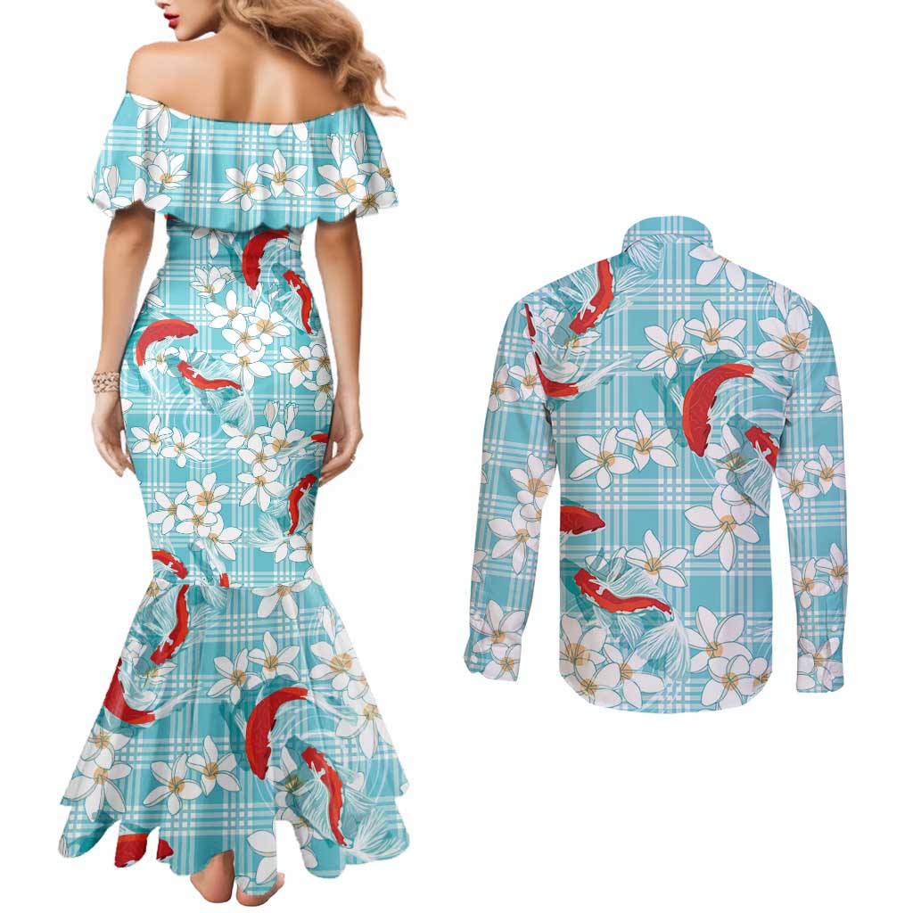 Turquoise Palaka Hawaii Aloha Couples Matching Mermaid Dress and Long Sleeve Button Shirt Koi Pond Mix Plumeria LT7 - Polynesian Pride