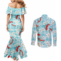 Turquoise Palaka Hawaii Aloha Couples Matching Mermaid Dress and Long Sleeve Button Shirt Koi Pond Mix Plumeria LT7 - Polynesian Pride
