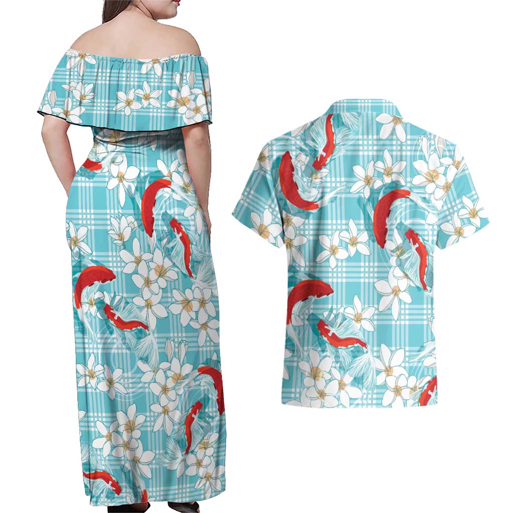 Turquoise Palaka Hawaii Aloha Couples Matching Off Shoulder Maxi Dress and Hawaiian Shirt Koi Pond Mix Plumeria LT7 - Polynesian Pride