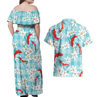 Turquoise Palaka Hawaii Aloha Couples Matching Off Shoulder Maxi Dress and Hawaiian Shirt Koi Pond Mix Plumeria LT7 - Polynesian Pride