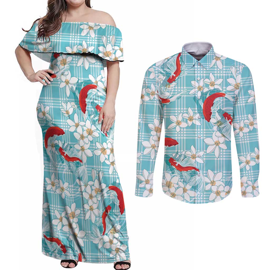 Turquoise Palaka Hawaii Aloha Couples Matching Off Shoulder Maxi Dress and Long Sleeve Button Shirt Koi Pond Mix Plumeria LT7 Turquoise - Polynesian Pride
