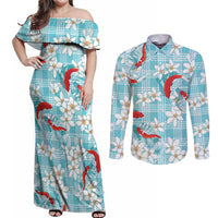 Turquoise Palaka Hawaii Aloha Couples Matching Off Shoulder Maxi Dress and Long Sleeve Button Shirt Koi Pond Mix Plumeria LT7 Turquoise - Polynesian Pride