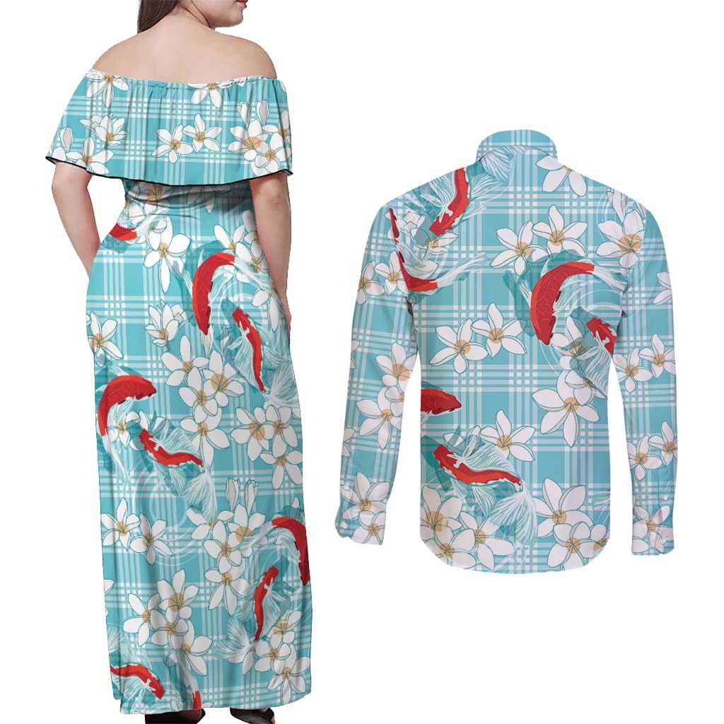 Turquoise Palaka Hawaii Aloha Couples Matching Off Shoulder Maxi Dress and Long Sleeve Button Shirt Koi Pond Mix Plumeria LT7 - Polynesian Pride