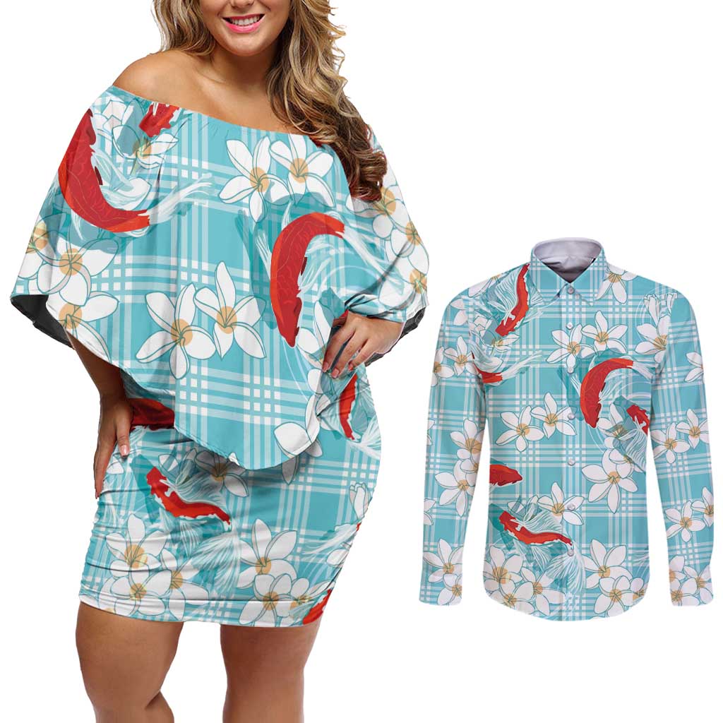 Turquoise Palaka Hawaii Aloha Couples Matching Off Shoulder Short Dress and Long Sleeve Button Shirt Koi Pond Mix Plumeria LT7 Turquoise - Polynesian Pride