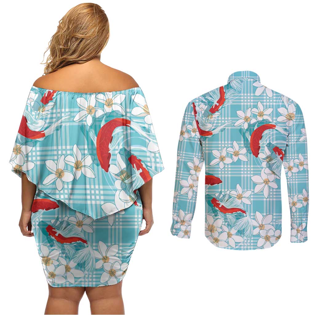 Turquoise Palaka Hawaii Aloha Couples Matching Off Shoulder Short Dress and Long Sleeve Button Shirt Koi Pond Mix Plumeria LT7 - Polynesian Pride