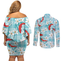 Turquoise Palaka Hawaii Aloha Couples Matching Off Shoulder Short Dress and Long Sleeve Button Shirt Koi Pond Mix Plumeria LT7 - Polynesian Pride