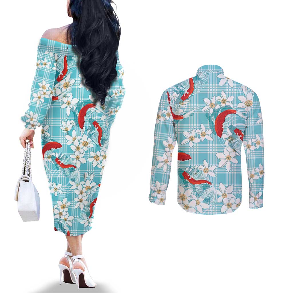 Turquoise Palaka Hawaii Aloha Couples Matching Off The Shoulder Long Sleeve Dress and Long Sleeve Button Shirt Koi Pond Mix Plumeria LT7 - Polynesian Pride