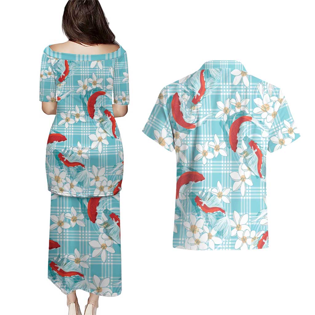 Turquoise Palaka Hawaii Aloha Couples Matching Puletasi and Hawaiian Shirt Koi Pond Mix Plumeria LT7 - Polynesian Pride