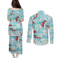 Turquoise Palaka Hawaii Aloha Couples Matching Puletasi and Long Sleeve Button Shirt Koi Pond Mix Plumeria - Polynesian Pride