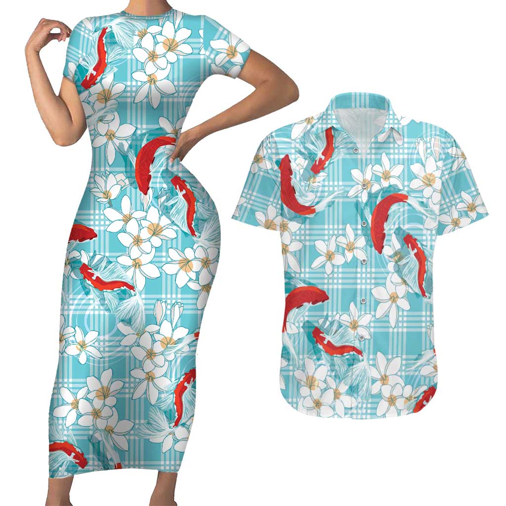 Turquoise Palaka Hawaii Aloha Couples Matching Short Sleeve Bodycon Dress and Hawaiian Shirt Koi Pond Mix Plumeria LT7 Turquoise - Polynesian Pride